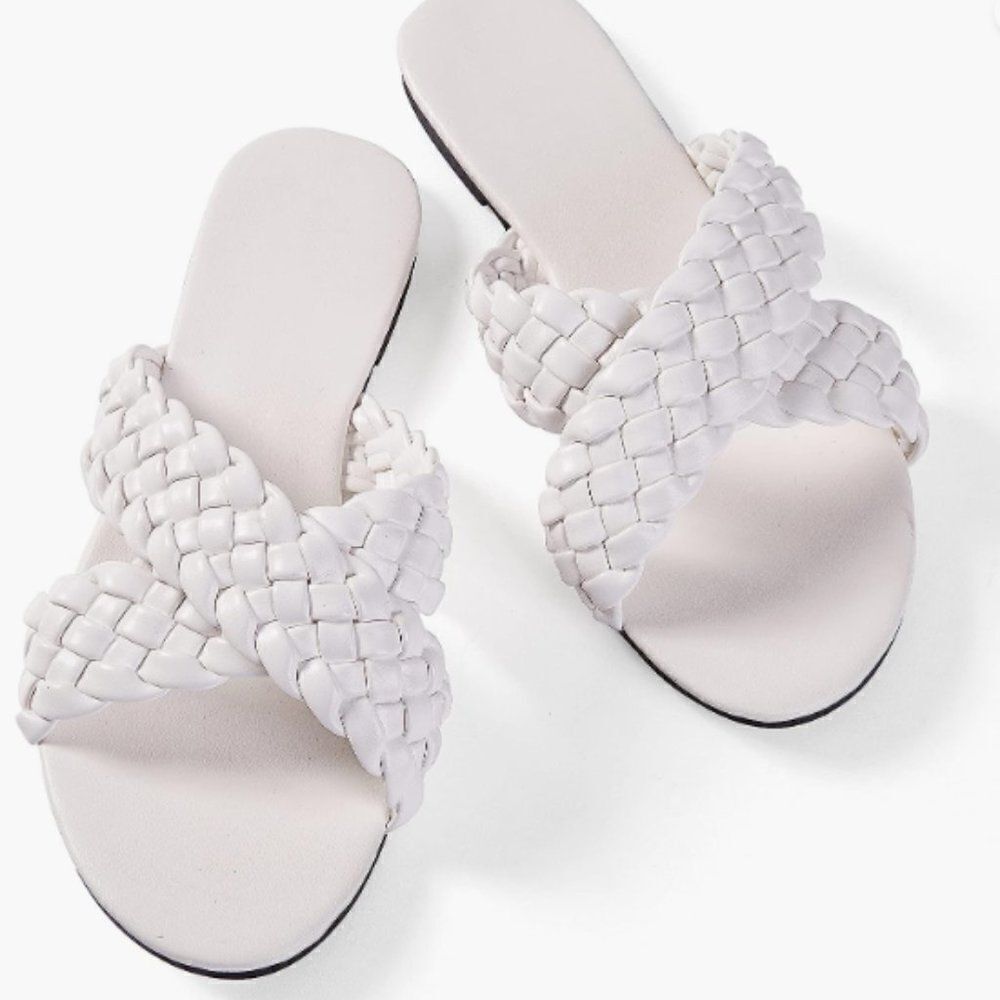 Braided Leather Nude Crossover Sandals, Size 8
